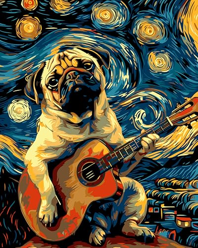 PSENIW Paint by Numbers Kit for Adults Beginners,Abstract The Dog Playing Guitar Frameless Beginner DIY Acrylic Watercolor,Digital Painting for Home Wall Decoration and Gifts (16x20 inches) - color: Black