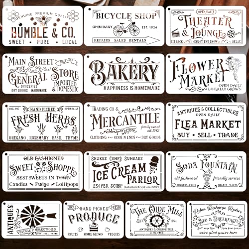 16 Pcs Farmhouse Stencils for Painting on Wood – Reusable Vintage Kitchen Sign Templates for Wall, Fabric, Furniture, Crafts & Wood Burning Projects