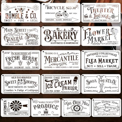 16 Pcs Farmhouse Stencils for Painting on Wood – Reusable Vintage Kitchen Sign Templates for Wall, Fabric, Furniture, Crafts & Wood Burning Projects