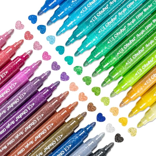Ohuhu Acrylic Glitter Markers, 24 Metallic Glitter Colors, Fine Tip Paint Pens for Fine Details & Shimmer Accents, Water-Based & Quick Dry, for DIY Crafts, Cards, Journals, Wood & Rock, Medium Tip 3mm - color: 24 Colors, size: Medium Tip 3mm