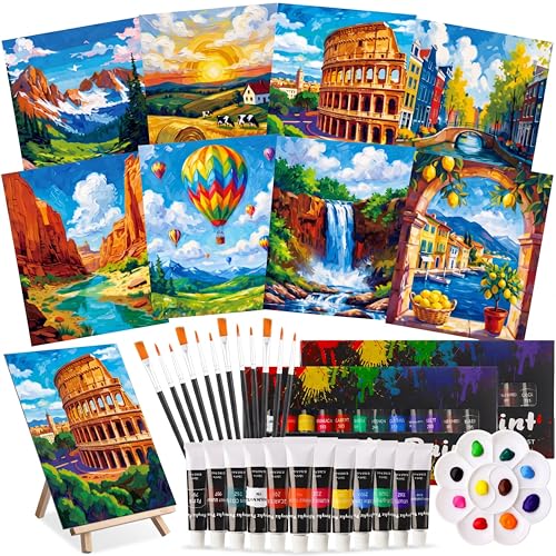 Cholemy 36 Pcs Paint and Sip Kit for Adults 8''x10'' Pre Drawn Canvas for Painting DIY Afro Acrylic Painting Kit Wood Easel Brushes Date Night Bulk for Summer 4th of July Party Gift(Natural Scenery) - style: Natural Scenery