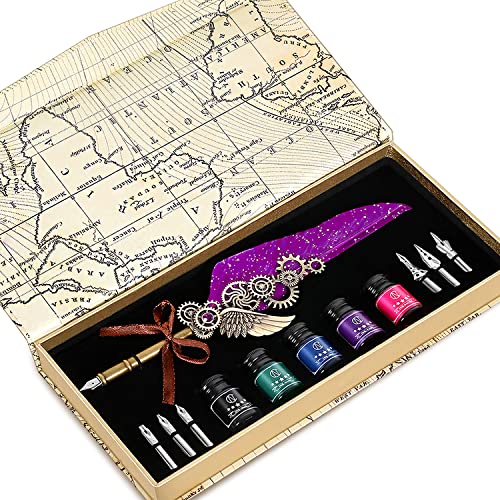 NC Quill Pen Set, Feather Pen With 5 Ink Bottles and 6 Replaceable Nibs, 1 Mechanical Quill, Calligraphy Pen for Writing, Letters, Diary, Signing, Invitation (Purple) - color: Purple
