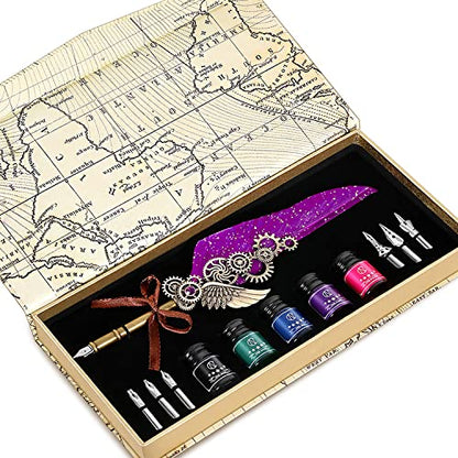 NC Quill Pen Set, Feather Pen With 5 Ink Bottles and 6 Replaceable Nibs, 1 Mechanical Quill, Calligraphy Pen for Writing, Letters, Diary, Signing, Invitation (Purple) - color: Purple