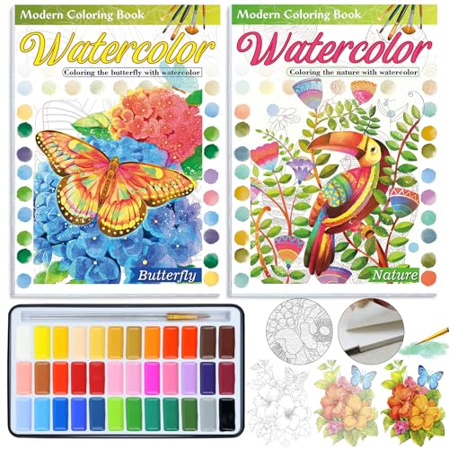 2Pack Watercolor Coloring Book for Adults + 36 Color Watercolor Set: 24 Unique Patterns, 100% Cotton 300gsm A4, for Beginners & Advanced to Enhance Techniques, Gift for Women(Nature & Butterfly) - style: Nature & Butterfly