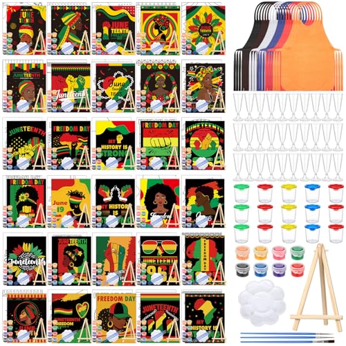 Sherr 285 Pcs 30 Sets Sip and Paint Kit for Adults, Pre Drawn Canvas Kit for Painting Acrylic Painting Favor Bulk for DIY Birthday Gifts Adult Date Night Party Suppliers(Afrocentric Art) - style: Juneteenth Freedom Art