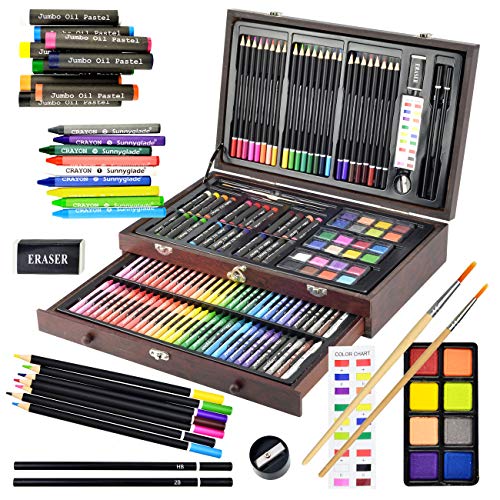 Sunnyglade 145 Piece Deluxe Art Set, Wooden Box & Drawing Kit with Crayons, Oil Pastels, Colored Pencils, Watercolor Cakes, Sketch Pencils, Paint Brush, Sharpener, Eraser, Color Chart (Cherry) - color: multi-color