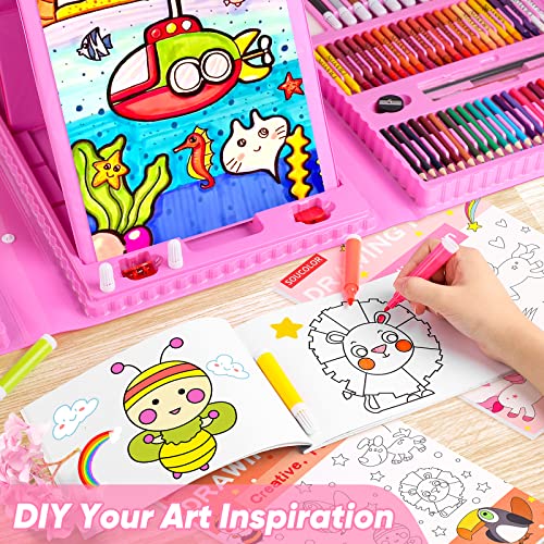 Soucolor Art Supplies, 283 Pieces Drawing Set Art Kits with Trifold Art Easel, 2 Drawing Pads, 1 Coloring Book, Crayons, Pastels, Arts Gifts Case, Coloring Set - color: Pink