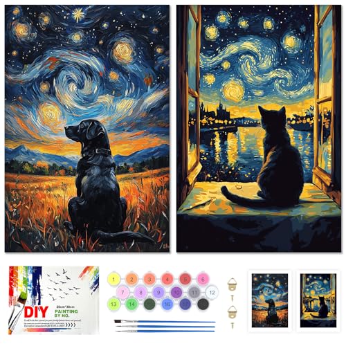 KEYIFA 2 Pack Paint by Numbers Kit, Stretched Canvas Boards for Painting for Adults, Crease-Free Acrylic Oil Painting for Students Favor Sip & Paint Party Supplies, Starry Sky Dog + Cat (8x12in)