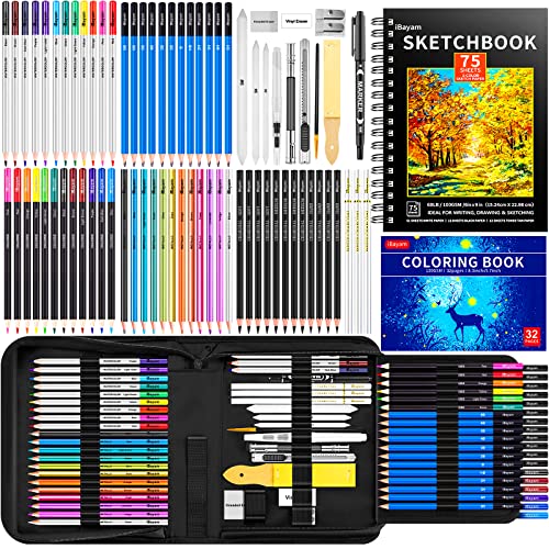 iBayam 78-Pack Drawing Set Sketching Kit Art Supplies for Adult, Christmas Gifts for Adult, with 3-Color Sketchbook, Coloring Book, Colored, Graphite, Charcoal, Watercolor & Metallic Pencil - color: 78 Colors