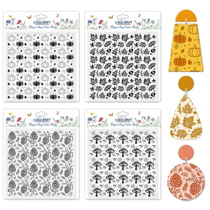 CHGCRAFT 4Pcs Pumpkin Maple Leaf Polymer Clay Texture Sheet Pinecone and Mushroom Autumn Silicone Clay Texture Mat for Polymer Clay Making Earrings Jewelry DIY Crafts 5.5 × 5.5 Inch - style: Pumpkin