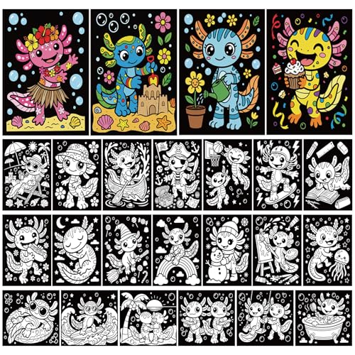 Zhanmai 48 Pack Velvet Coloring Posters Fuzzy Velvet Coloring Posters DIY Crafts for Kids Color Your Own Poster Bulk for Holiday School Home Party Activities(Axolotl) - style: Axolotl