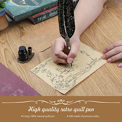 NC Quill Pen ink Set,Feather Pen ink Set Includes Feather Dip Pen,Ink,5 Replacement Nibs,3 Wax Seal Sticks,Pen Nib Base,Seal Stamp, White Wax,Spoon,Envelope letter paper, Envelope Tool (Black)