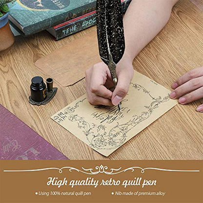 NC Quill Pen ink Set,Feather Pen ink Set Includes Feather Dip Pen,Ink,5 Replacement Nibs,3 Wax Seal Sticks,Pen Nib Base,Seal Stamp, White Wax,Spoon,Envelope letter paper, Envelope Tool (Black)