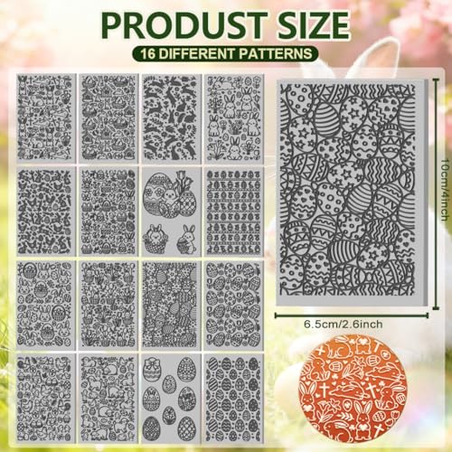 CHGCRAFT 16 Sheets Easter Element Clay Texture Mat Easter Bunny Polymer Clay Texture Sheets DIY Tools for Pottery Earring Jewelry Making Stamp Engraving Machines, 3.9x2.6inch