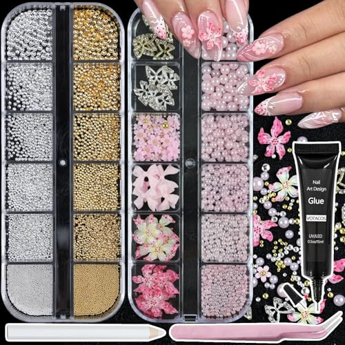 Nail Art Charms with Rhinestones Glue Gel Pink Flatback Pearls Flower Bow Nail Gems Supplies Accessories Gold Silver Nails Decoration Pearls for Women Nails Design - color: Colorful-21