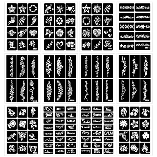12 Temporary Tattoo Stencils,142 PCS Henna Stencils Reusable Tattoo Stencils for Face Body Art Painting for Women Men Adults Kids - color: 12 sheets, 142 pcs
