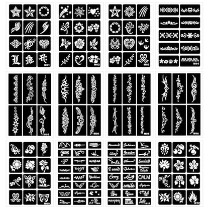 12 Temporary Tattoo Stencils,142 PCS Henna Stencils Reusable Tattoo Stencils for Face Body Art Painting for Women Men Adults Kids - color: 12 sheets, 142 pcs