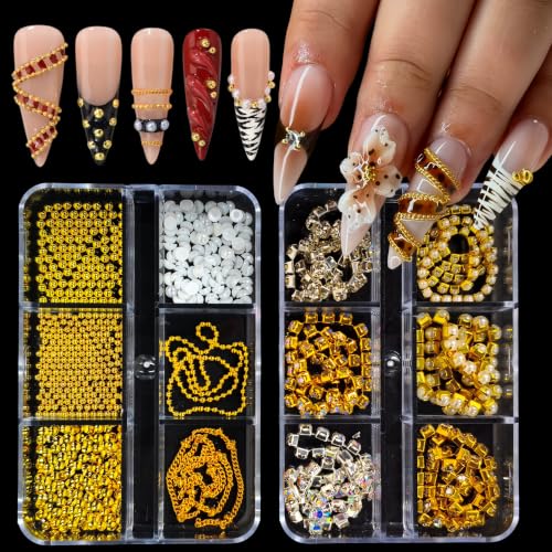 2 Boxes Strips Metal Chain Nail Art Charms Punk Luxury Pearl Gems Nail Rhinestones Chains Nail Charms for Acrylic Nails Bling Shiny Gold Silver Diamond Nail Jewelry for Women Nail Supplies DIY Crafts - color: bronze