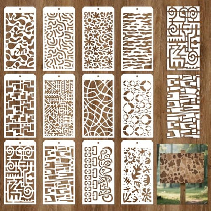 12 Sheets Abstract Texture Painting Stencils, 12 Styles Geometric Brick Damask Texture Layering Templates Reusable Border Stencil for Painting on Wall Wood Home Decor - style: Abstract