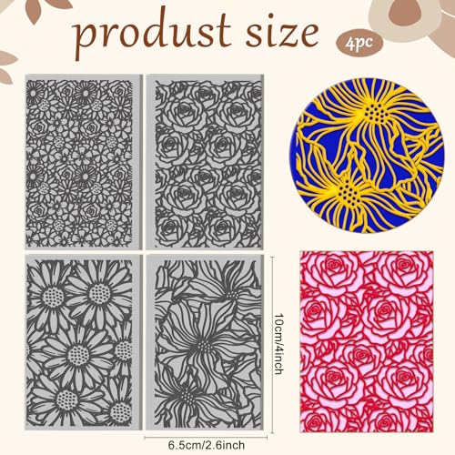 4 Sheets 4 Styles Popular Flower Backgrounds Polymer Clay Texture Mat Roses Clay Modeling Pattern Pad Daisies Texture Sheets for Making Earrings Jewerly Tools, 4×2.6 inch - style: Popular Flower