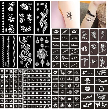 12 Sheets Henna Tattoo Stencil Kit – Reusable Mehndi Templates for Hands, Face, Ankles & Body – Temporary Tattoo Stickers for Bride, Women, Kids & Adults – Airbrush & Body Paint Supplies