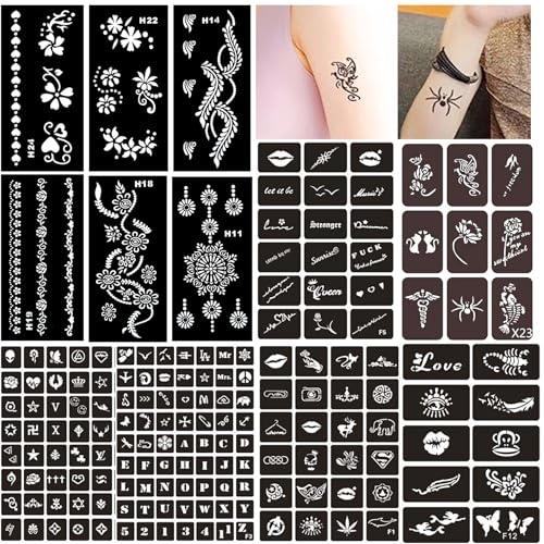 12 Sheets Henna Tattoo Stencil Kit – Reusable Mehndi Templates for Hands, Face, Ankles & Body – Temporary Tattoo Stickers for Bride, Women, Kids & Adults – Airbrush & Body Paint Supplies