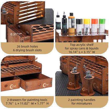 OPHIR Paint Organizer, Wooden 104 Holes Paint Holder with 26 Brush Holes, 1 Brush Holder with 6 Slots, 2 Painting Handles, 2 Drawers for Miniature Paints Storage, Paint Holes Dia.1.02 & 1.42 Inches - color: (Dia.1.02" & 1.42")104 Paint Holes+2x Paint Brus