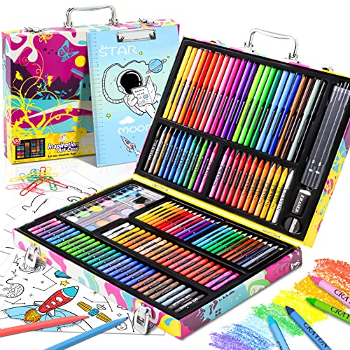Art Supplies, 180 Pack Drawing Painting Set for Kids Girls Boys Teens, Coloring Art Kit Gift Case with Clipboard, Coloring Papers, Oil Pastels, Crayons, Colored Pencils, Watercolor Cakes, Markers
