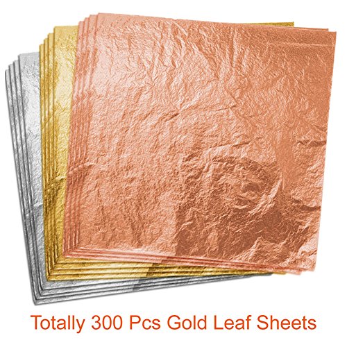 Paxcoo 300 Gold Leaf Sheets for Resin, Gold Foil Flakes Metallic Leaf for Resin Jewelry Making, Nail Art, Slime, and Gilding Crafts (Gold, Silver, Rose Gold Color 5.5 by 5.5 Inches) - color: 300Pcs Gold, Silver and Rose Gold Leaf
