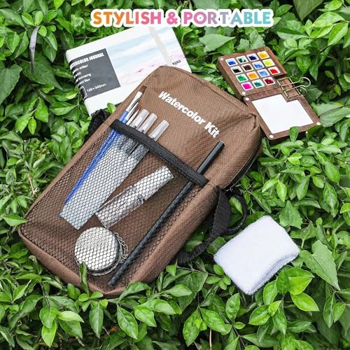 Mini Watercolor Paint Set, Premium Pocket Watercolor Travel Kit, With 24 Watercolor Paints, 15-Grid Black Walnut Palette, Crossbody Bag, Oil Painting Paper Sketchbook, Ideal for art lovers