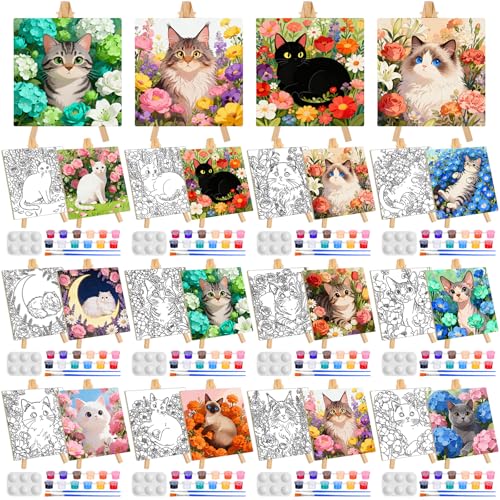 Supervitae 72 Piece Floral Cats Square Pre Drawn Canvas Kit 5.9" Paint and Sip Kit for Adults Painting Party Pre Printed Canvas DIY with Pictures Paints Easels Brushes for Party Gifts - size: 5.9", style: Floral Cats