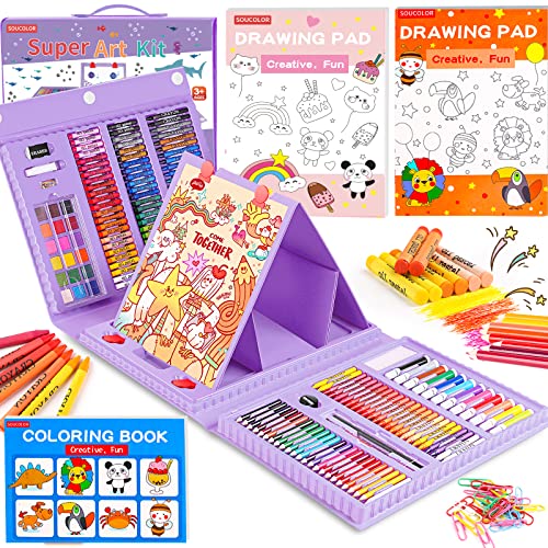 Soucolor Art Supplies, 283 Pieces Drawing Set Art Kits with Trifold Art Easel, 2 Drawing Pads, 1 Coloring Book, Crayons, Pastels, Arts and Crafts Gifts Case (Purple) - color: Purple