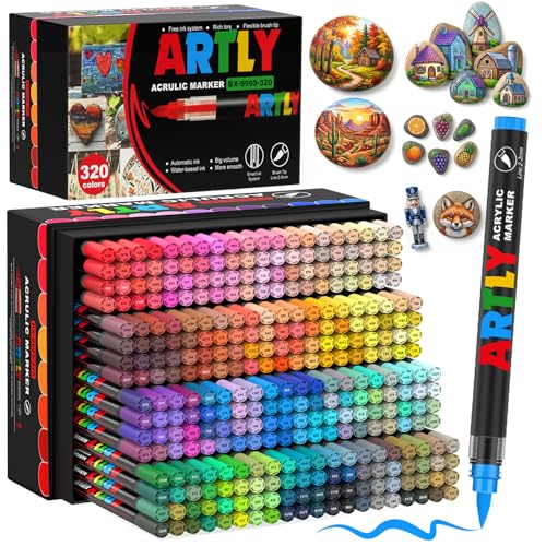 320 Colors Soft Brush Tip Acrylic Markers Set, Paint Pens for Rock, Wood, Fabric, Canvas, Glass, DIY Crafts, Waterproof Paint Markers, Vibrant Acrylic Pens for Artists and Art Projects - style: 320 colors