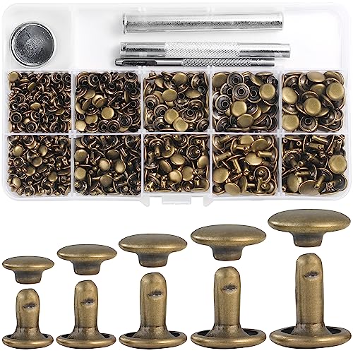 YORANYO 340 Sets Leather Rivets Kit Mixed Sizes Rivets for Leather Double Cap Rivets Studs for Clothing Fabric with Leather Crafting Rivet Tool for Repair Decorate Clothes Shoes Bags Belts (Bronze) - color: Bronze