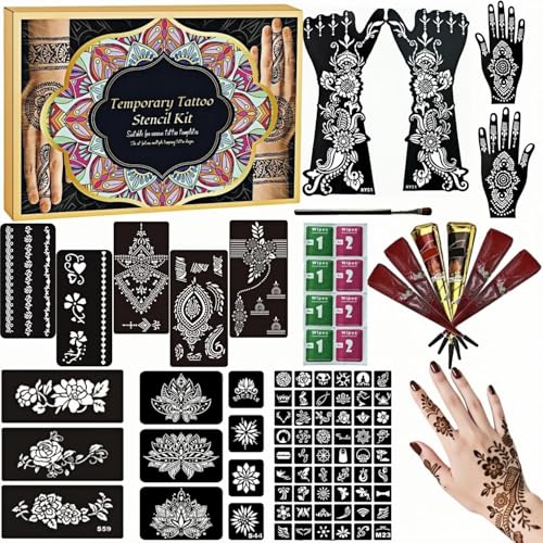 Temporary Tattoo Stencils Kit-Reusable 12 Large Sheets, 78 Unique Designs-6 Tattoo Cones 3 Colors (Brown/Black/Maroon) with Brush & Wipes for Adults, Teens, Beginners,Family Fun Party - color: A-6Pcs