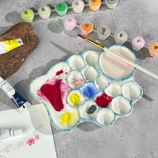 Blue Ceramic Paint Palette with Built-in Washing Area and Large Mixing Area | Unique Porcelain Watercolor Mixing Tray with Built-in Pen Holder, Decorative Paint Palette for Gouache, Artist Gift