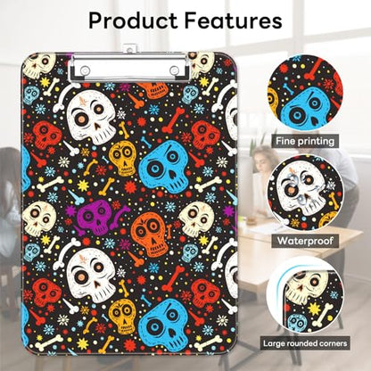 Plastic Cute Clipboard Low-Profile Metal Clip, A4 Letter Size 9 x 12.5 in, 8.5 x 11 Paper Clip Board for Teachers, Nurses, Classroom,Cute Skulls - color: Cute Skulls
