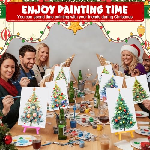 Blosssound 10 Set Pre Printed Canvas Pre Drawn Canvas Painting with Easel Kits 5" x 7" Outline Painting Panels for Beginners, DIY Craft Project, Party Favor, Home Decors (Christmas Tree) - style: Christmas Tree