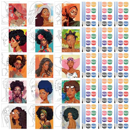 Sherr 75 Pcs 15 Set Pre Drawn Canvas Kit for Painting Craft Sip and Paint Kit for Adults Elegant Black Women Pre Printed Canvas Painting Favor for DIY Black History Month Gifts Adult's Date Party - style: Elegant Lady