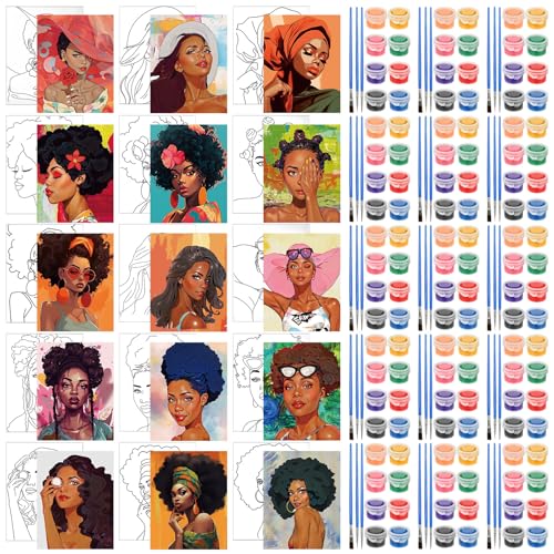 Sherr 75 Pcs 15 Set Pre Drawn Canvas Kit for Painting Craft Sip and Paint Kit for Adults Elegant Black Women Pre Printed Canvas Painting Favor for DIY Black History Month Gifts Adult's Date Party - style: Elegant Lady