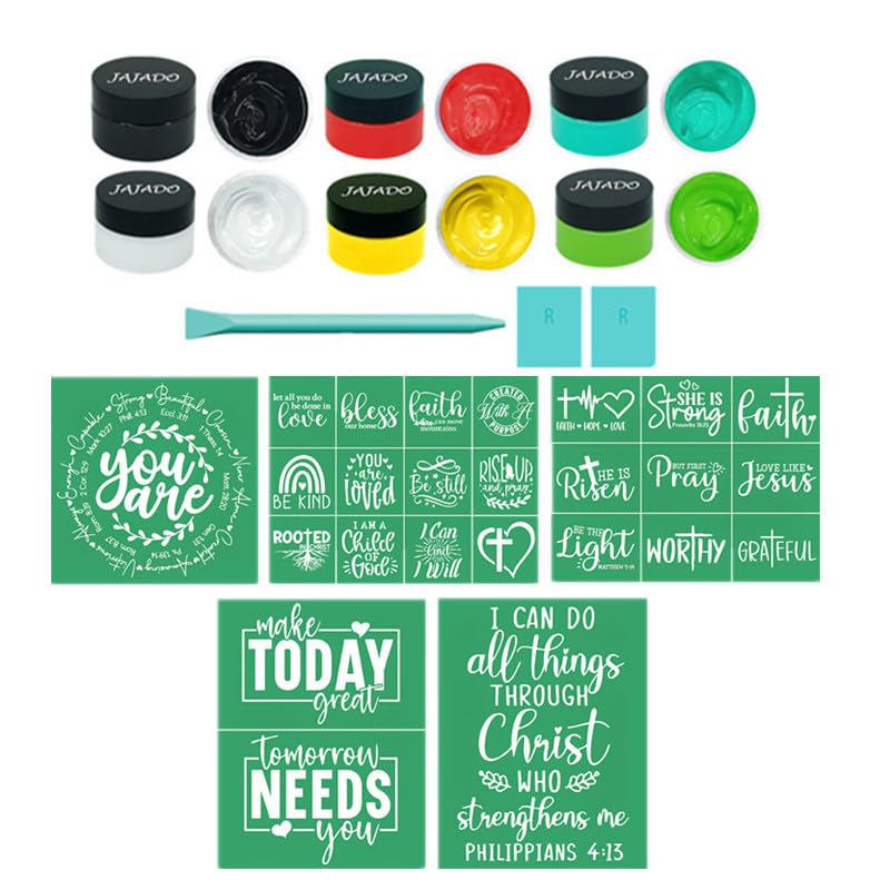 JAJADO Silk Screen Stencils Reusable Adhesive Stencils Paint Kit 14 Pcs, 5 Pcs Bible Verse Templates, 3 Pcs Mini Squeegees, 6 Jars Chalk Paint for Craft on Wood, Fabric, Rock, Sign, DIY Art Projects - color: 5+6+3 Stencil Paint Set