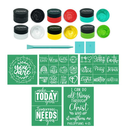 JAJADO Silk Screen Stencils Reusable Adhesive Stencils Paint Kit 14 Pcs, 5 Pcs Bible Verse Templates, 3 Pcs Mini Squeegees, 6 Jars Chalk Paint for Craft on Wood, Fabric, Rock, Sign, DIY Art Projects - color: 5+6+3 Stencil Paint Set