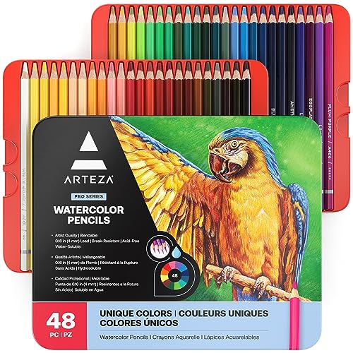 ARTEZA Watercolor Pencils, Set of 48, Water-Soluble Colored Pencils with 4 mm Break-Resistant Core, Pre-Sharpened Tips and Metal Tin for Drawing, Shading, Blending, and Wet or Dry Techniques
