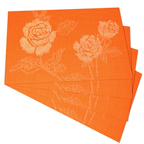 Kitchen PVC Placemats - Dining Room Heat Insulation Stain-resistant Eat Mats for Table - Rectangle Washable Non-slip Decor Jacquard Woven Plastic Vinyl Floral Motif Place Mats,Set of 4, Flower Orange - color: Flower Orange, size: Set of 4