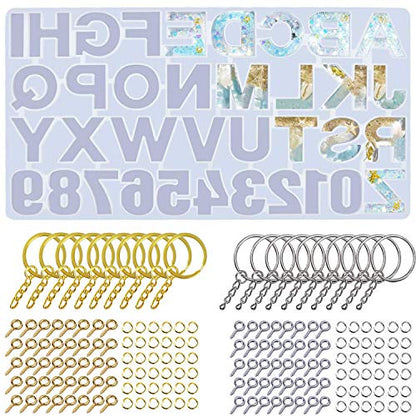 Anlan-angel 221 Pcs Reversed Alphabet Silicone Molds for Resin Letter Number Epoxy Casting Molds Keychain Making Kit with Key Ring Screw Eye Pins O Ring for Resin Crafts - color: Reversed Letter Mold