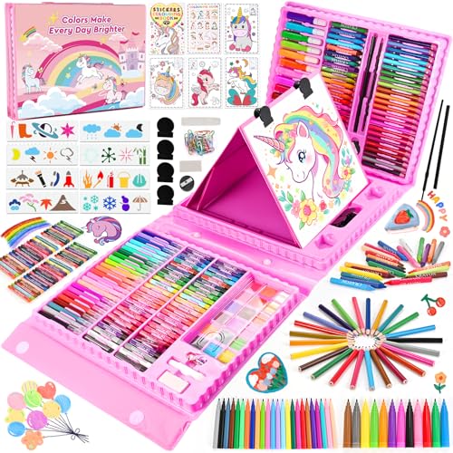 Goldge Kids Art Set, 230 PCS+ Art Supplies for Kids with Double-Sided Easel, Coloring Kit for Kids with Crayons, Colored Pencils, Markers, Watercolor Paints, Drawing Kit Gifts for Girls Boys - color: DARK PINK