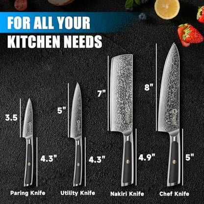 Sunnecko Damascus Kitchen Knife Set 4 Piece, Sharp Chef Knife Set Professional Kitchen Knives Sets Full Tang with Gift Box - size: Set of 4