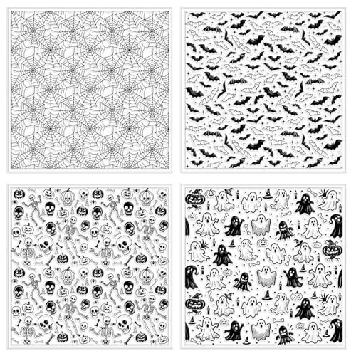 CHGCRAFT 4 Pcs Polymer Clay Texture Sheets Ghosts Silicone Texture Stamp Skeletons Clay Texture Mat Modeling Pattern Pad Sheets for Jewelry and Earrings Tools, 5.5x5.5 inch - style: Ghosts