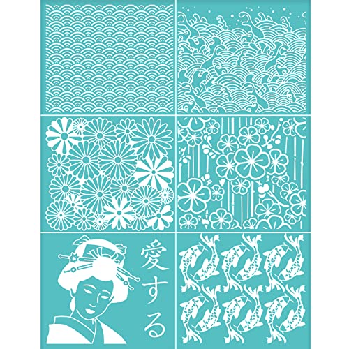 OLYCRAFT Japanese Traditional Style Self-Adhesive Silk Screen Printing Stencil Oriental Theme Mesh Transfers Silk Screen Reusable Stencil for Painting on Wood T-Shirt Fabric Bags - 11x8.5 Inch - color: Mixed
