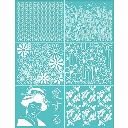 OLYCRAFT Japanese Traditional Style Self-Adhesive Silk Screen Printing Stencil Oriental Theme Mesh Transfers Silk Screen Reusable Stencil for Painting on Wood T-Shirt Fabric Bags - 11x8.5 Inch - color: Mixed